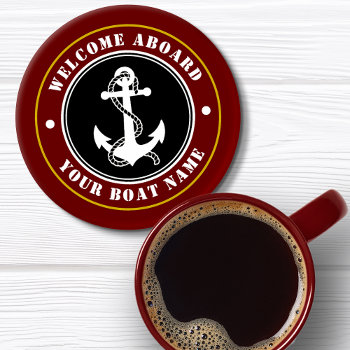 Welcome Aboard Boat Name Anchor Maroon Red Gold Coaster Set by AnchorIsle at Zazzle