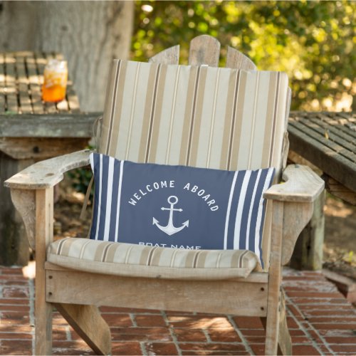 Welcome Aboard Boat Name Anchor Navy Blue White Lumbar Pillow