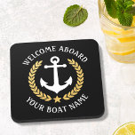 Welcome Aboard Boat Name Anchor Regal Gold Laurel Beverage Coaster<br><div class="desc">An elegant set of nautical themed cork back beverage coasters with welcome aboard and your personalized boat name, family name or other desired text. Features a custom designed boat anchor with gold style laurel leaves and a star on regal black or easily customize the base color to match your current...</div>