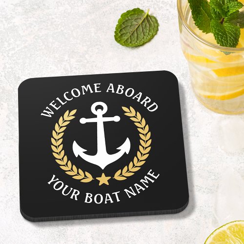 Welcome Aboard Boat Name Anchor Regal Gold Laurel Beverage Coaster