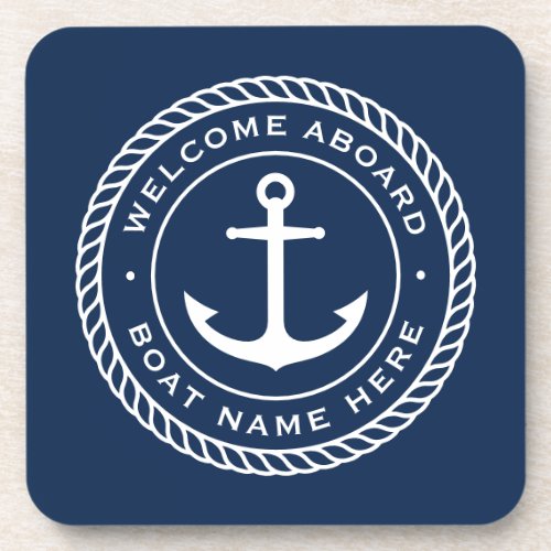 Welcome aboard boat name anchor rope border beverage coaster