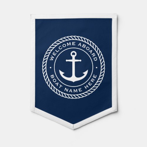 Welcome aboard boat name anchor rope border pennant