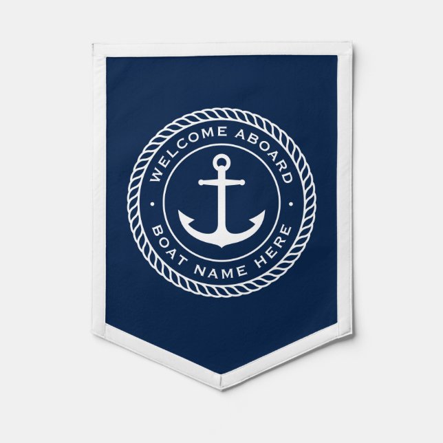 Welcome aboard boat name anchor rope border pennant (Front)