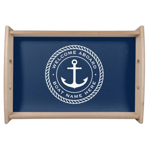 Welcome aboard boat name anchor rope border serving tray