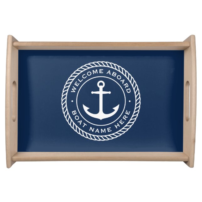 Welcome aboard boat name anchor rope border serving tray (Front)