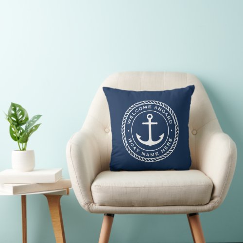 Welcome aboard boat name anchor rope border throw pillow