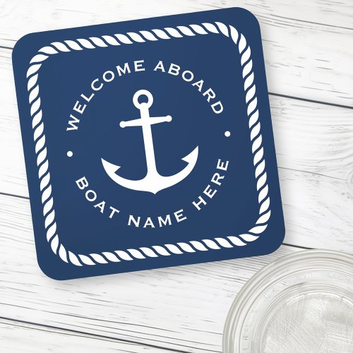 Welcome aboard boat name anchor rope dark blue beverage coaster