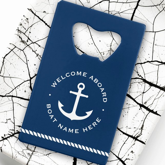 Welcome aboard boat name anchor rope dark blue credit card bottle opener (Welcome aboard boat name anchor rope dark blue credit card bottle opener)