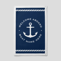 Welcome aboard boat name anchor rope dark blue pennant