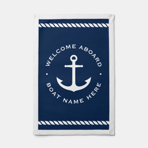 Welcome aboard boat name anchor rope dark blue pennant