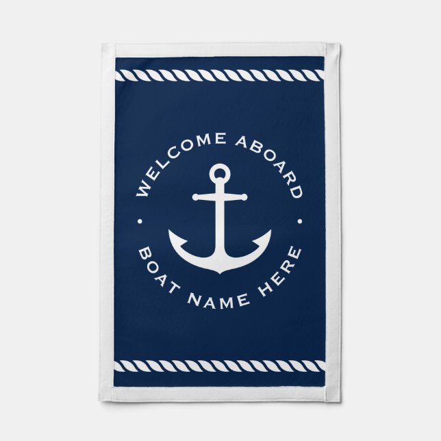 Welcome aboard boat name anchor rope dark blue pennant (Front)