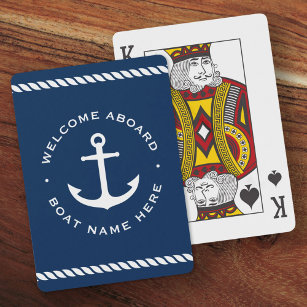 Welcome aboard boat name anchor rope dark blue playing cards