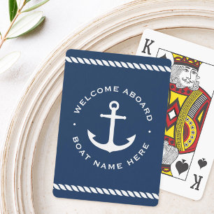 Welcome aboard boat name anchor rope dark blue poker cards