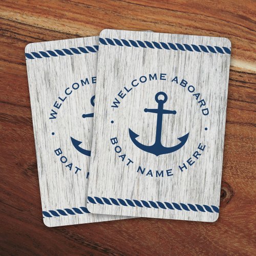 Welcome aboard boat name anchor rope driftwood poker cards
