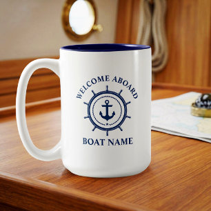 Welcome Aboard Boat Name Anchor Rope Helm Large Two-Tone Coffee Mug