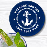Welcome Aboard Boat Name Anchor Rope Navy Coaster<br><div class="desc">A nautical themed coaster set with welcome aboard and your personalized boat name or other desired text. Features a custom designed boat anchor and rope. Comes in white on navy blue or easily change the base color to match your current decor.</div>