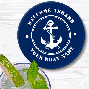 Welcome Aboard Boat Name Anchor Rope Navy Coaster Set