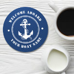 Welcome Aboard Boat Name Anchor Rope Navy Round Paper Coaster<br><div class="desc">A nautical themed paper coaster set with welcome aboard and your personalized boat name or other desired text. Features a custom designed boat anchor and rope. Comes in white on navy blue or easily change the base color to match your current decor.</div>