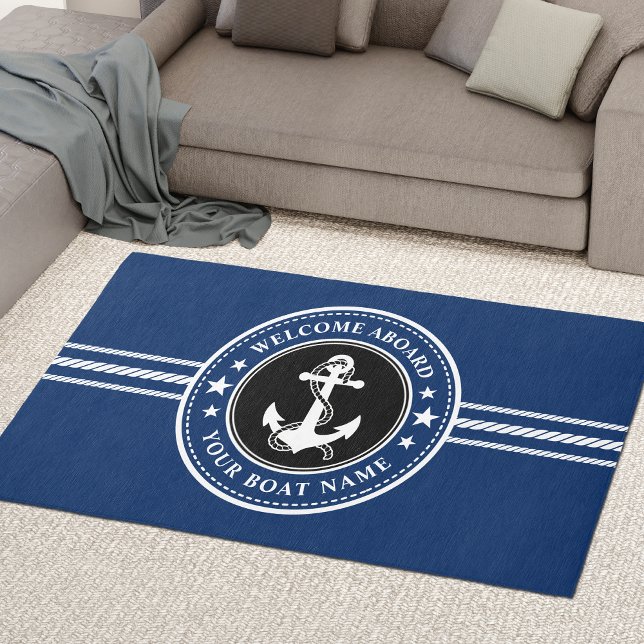 Welcome Aboard Boat Name Anchor Rope Stars Navy Rug (Several Sizes to choose from. Available for Indoor or outdoor.)