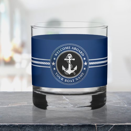 Welcome Aboard Boat Name Anchor Rope Stars Navy Whiskey Glass