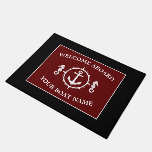 Welcome Aboard Boat Name Anchor Seahorse Deep Red Doormat
