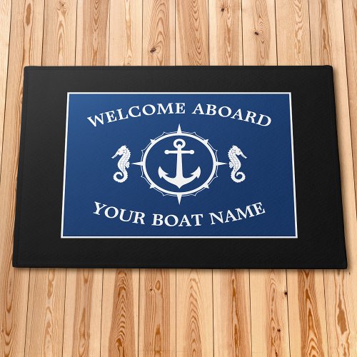 Welcome Aboard Boat Name Anchor Seahorse Navy Blue Doormat
