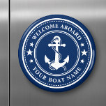 Welcome Aboard Boat Name Anchor Stars Navy Blue Magnet<br><div class="desc">A stylish navy blue and white magnet featuring a custom nautical boat anchor with stars on and your personalized "Welcome Aboard" text and Your Boat Name or other desired text. Customize them with your favorite background color and much more. Makes a great gift for any occasion.</div>