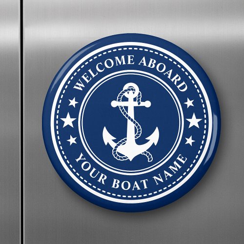 Welcome Aboard Boat Name Anchor Stars Navy Blue Magnet