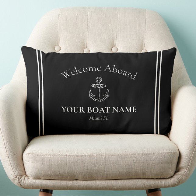 Welcome Aboard Boat Name Black & White Nautical Lumbar Pillow (Classic Black and White Nautical Welcome Aboard Pillow with Your Boat Name and Home Port)