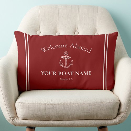 Welcome Aboard Boat Name Burgundy Red Nautical Lumbar Pillow