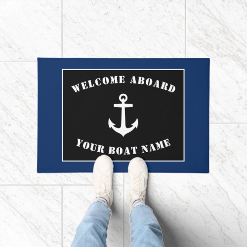 Welcome Aboard Boat Name Classic Anchor Navy Doormat