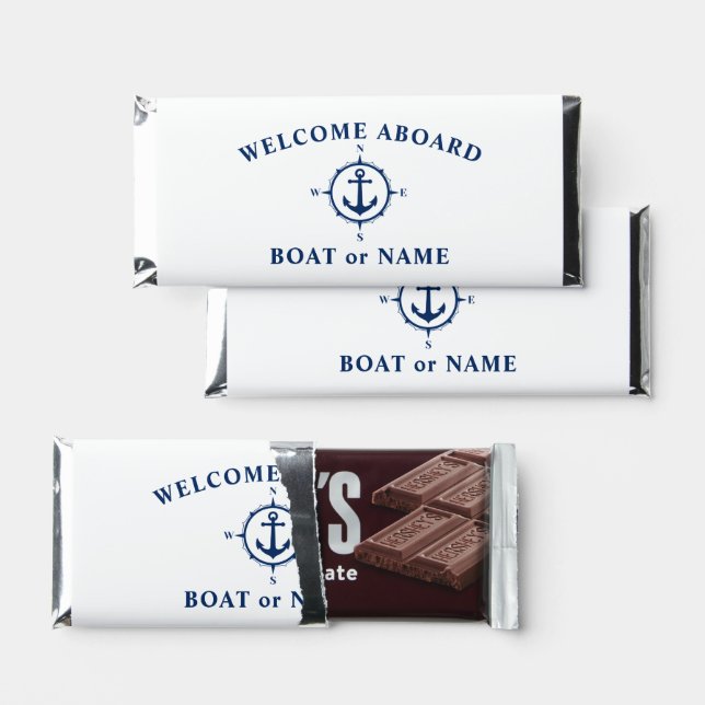 Welcome Aboard Boat Name Compass Anchor Blue White Hershey Bar Favors (Front)