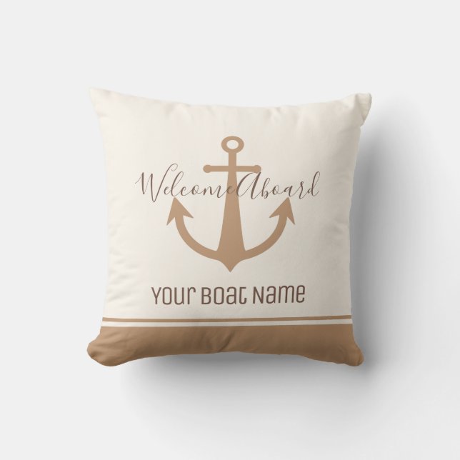 Welcome Aboard Boat Name Cream Anchor Nautical Outdoor Pillow (Front)