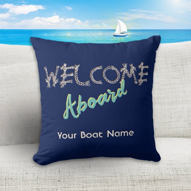Welcome Aboard Boat Name Dark Navy Blue Nautical Throw Pillow (A stylish navy blue throw pillow with words 'Welcome Aboard', to personalize with your boat name)