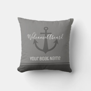Welcome Aboard Boat Name Gray Anchor Nautical Outdoor Pillow