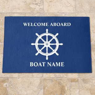 Welcome Aboard Boat Name Helm Wheel Navy Blue Rug