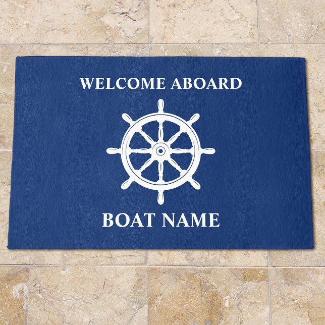 Welcome Aboard Boat Name Helm Wheel Navy Blue Rug (Several Sizes to choose from. Available for Indoor or outdoor.)