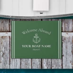 Welcome Aboard Boat Name Hunter Green Nautical Doormat