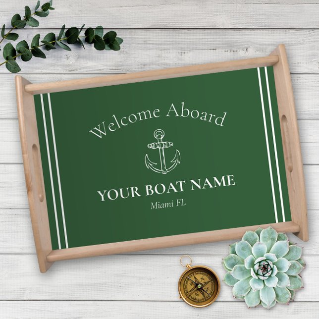 Welcome Aboard Boat Name Hunter Green Nautical Serving Tray (Hunter Green Nautical Serving Tray Personalized with Your Boat Name and Home Port)