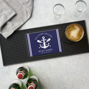 Welcome Aboard Boat Name Nautical Anchor   Blue Bar Mat