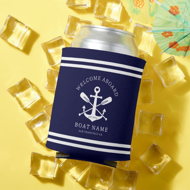 Welcome Aboard Boat Name Nautical Anchor | Blue Can Cooler (In Situ Summer)