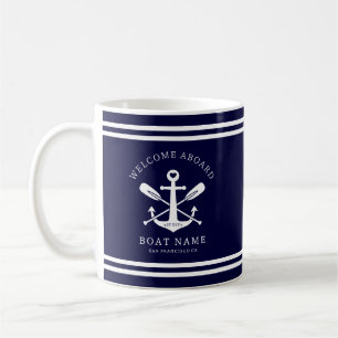 Welcome Aboard Boat Name Nautical Anchor Blue Coffee Mug