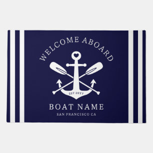 Welcome Aboard Boat Name Nautical Anchor   Blue Doormat