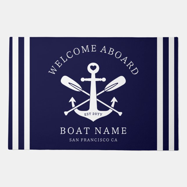 Welcome Aboard Boat Name Nautical Anchor | Blue Doormat (Front)