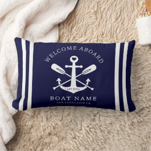 Welcome Aboard Boat Name Nautical Anchor   Blue Lumbar Pillow
