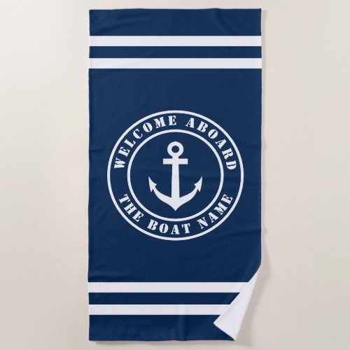 Welcome aboard boat name nautical anchor custom beach towel