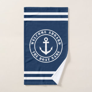 Welcome aboard boat name nautical anchor custom hand towel 