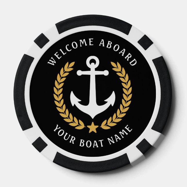 Welcome Aboard Boat Name Nautical Anchor Gold Star Poker Chips (Back)