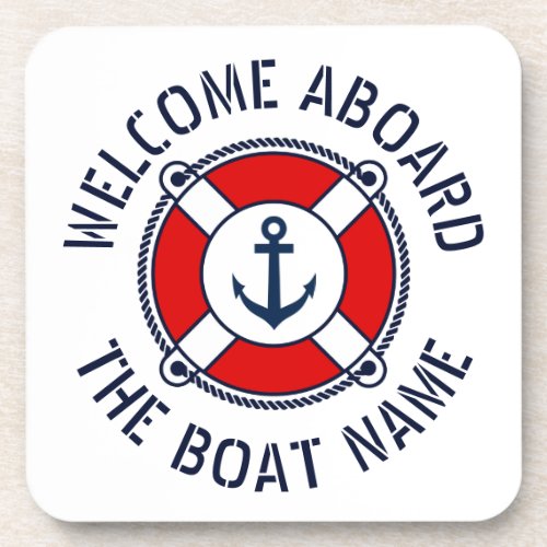Welcome aboard boat name nautical anchor life buoy beverage coaster