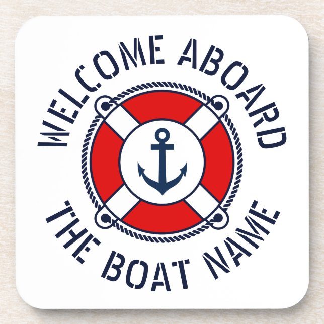 Welcome aboard boat name nautical anchor life buoy beverage coaster (Front)